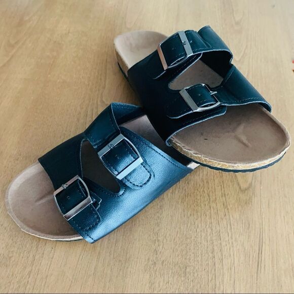 Twin Buckle Band Black Cork Sole Slide Sandals - Picture 2 of 10